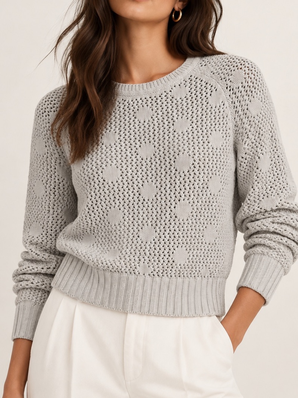Banana Republic 100% Cotton Gray Open-Knit Polka Dot Crewneck Sweater